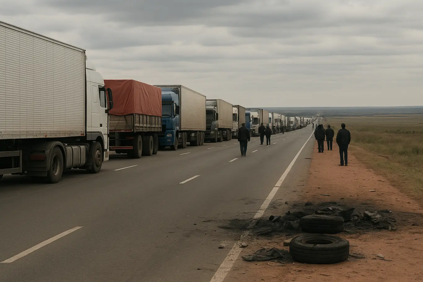 Fila de caminhões parados em rodovia por bloqueio, motoristas de costas