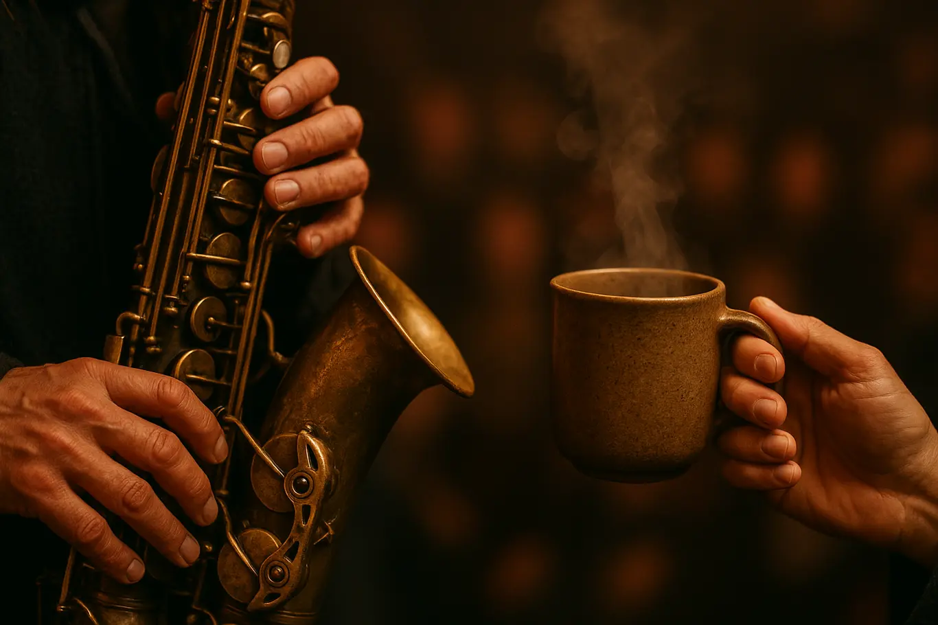 Close-up das mãos de um músico no sax e de uma caneca fumegante.