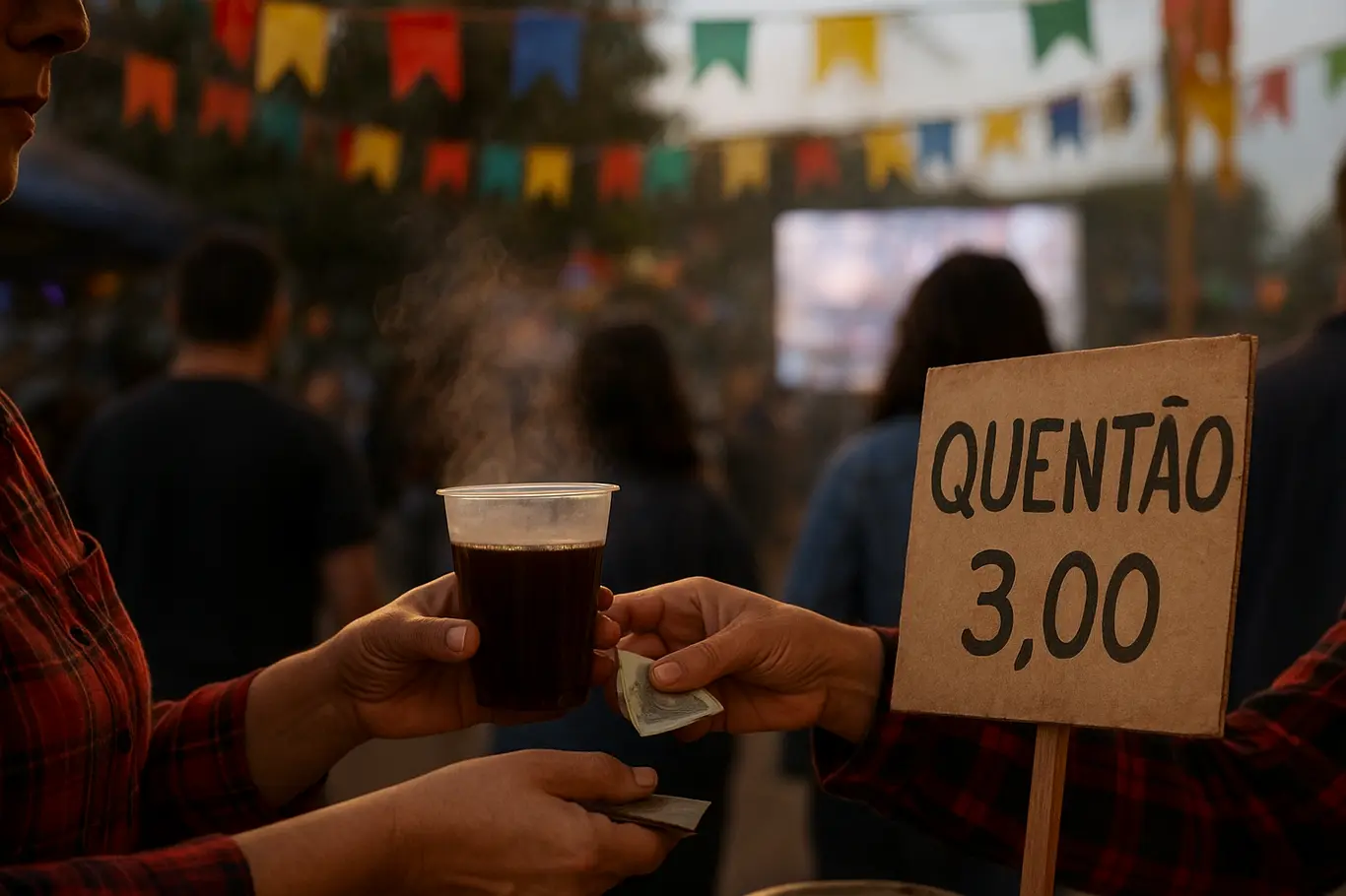 Detalhe de barraca junina com vendedora servindo quentão em Samambaia durante o Candangão