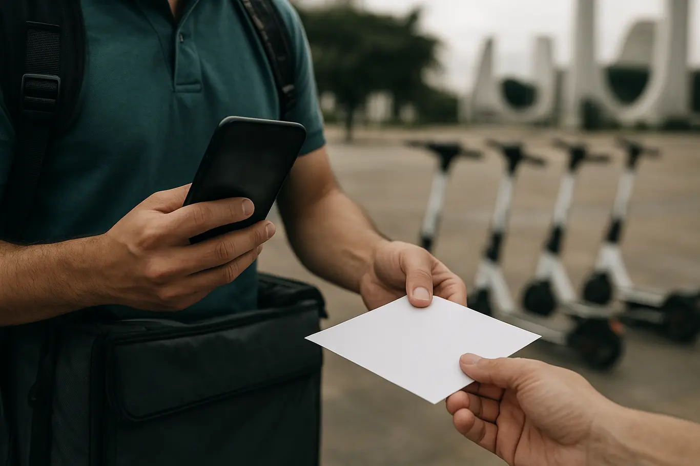 Close-up das mãos de um entregador com smartphone e mochila térmica sem marca