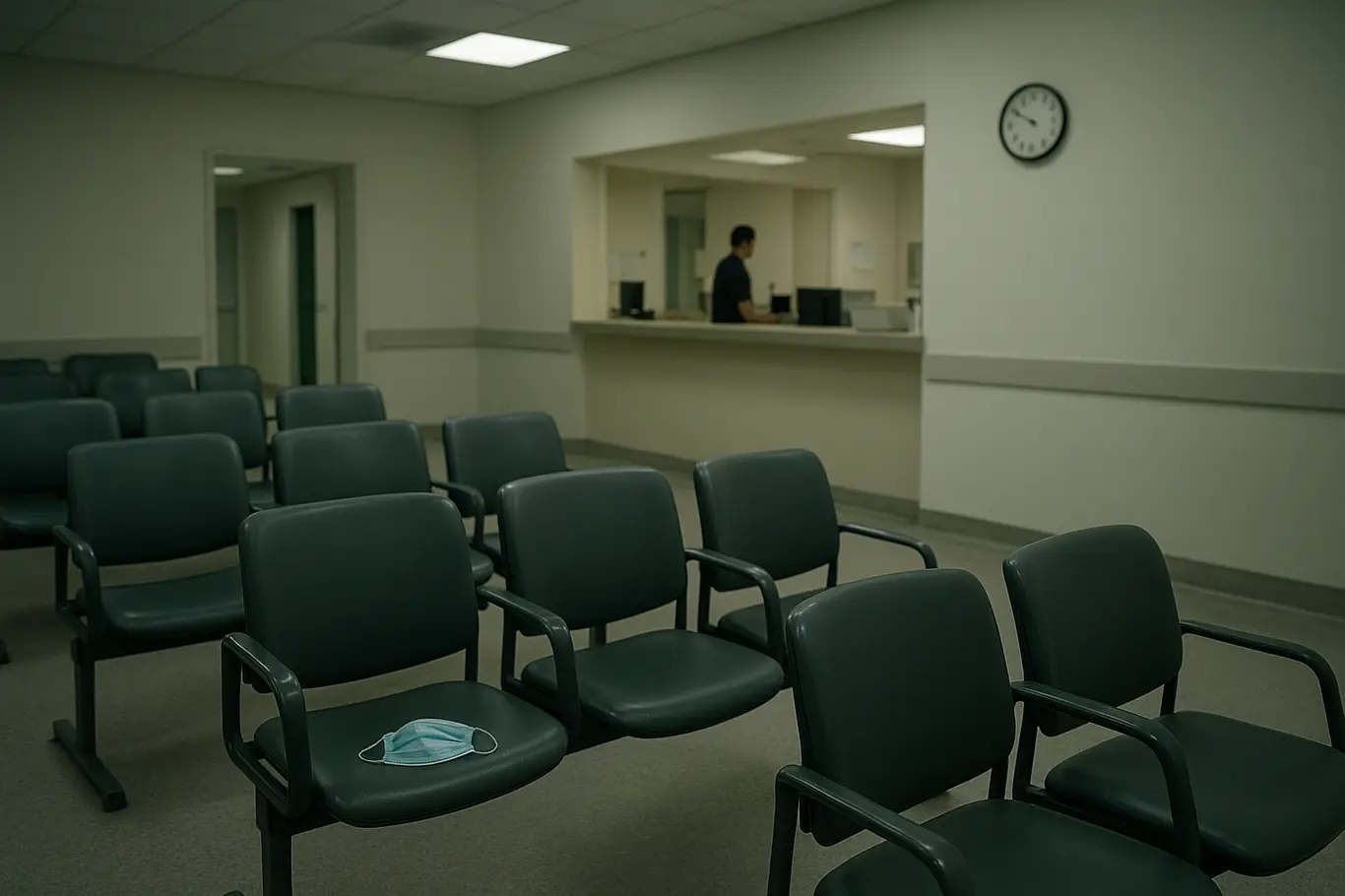 Sala de espera hospitalar quase vazia com máscara caída em cadeira e recepção desocupada.