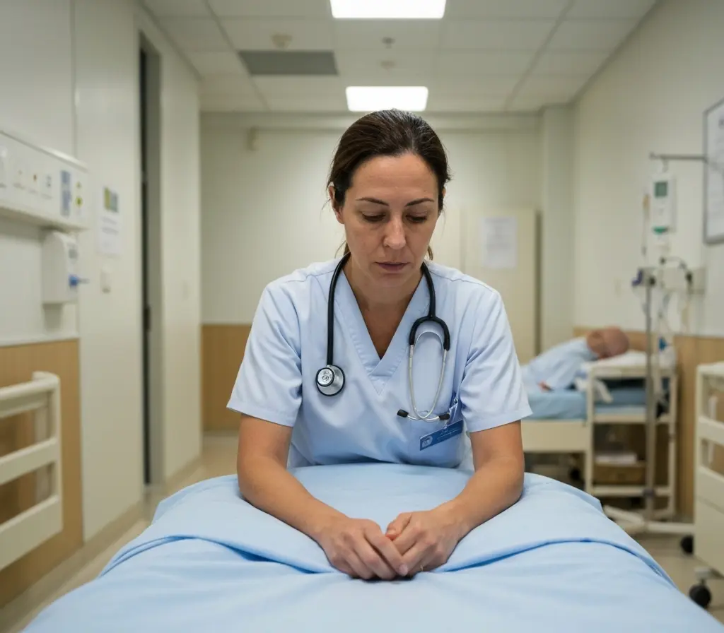 Afastamentos somam 198 mil dias e pressionam atendimento em Brasília Profissional de saúde sentada de costas no corredor de hospital, cabeça abaixada, estetoscópio ao lado.