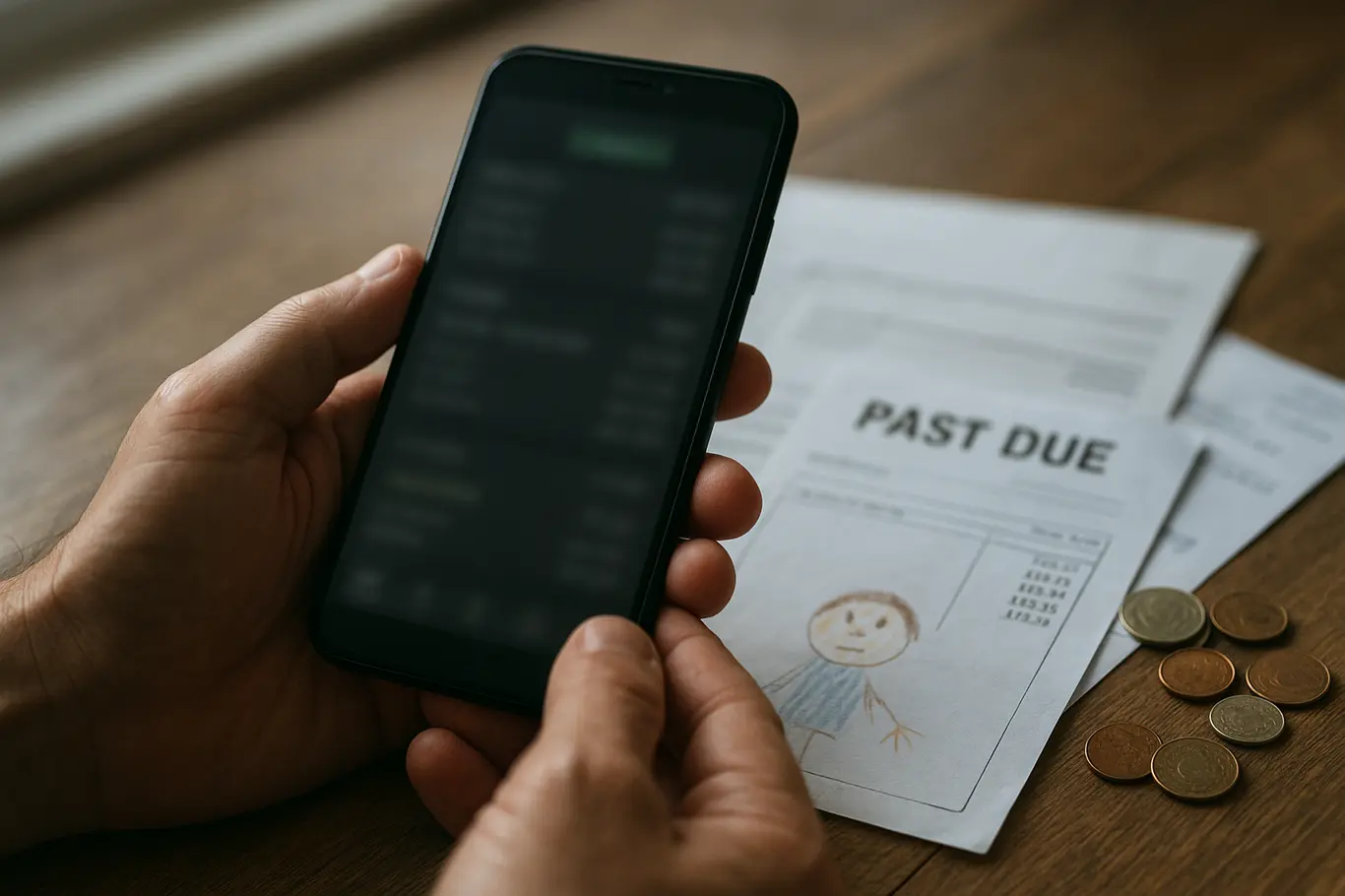 Close-up de mãos segurando smartphone com tela de apostas desfocada ao lado de contas e desenho infantil