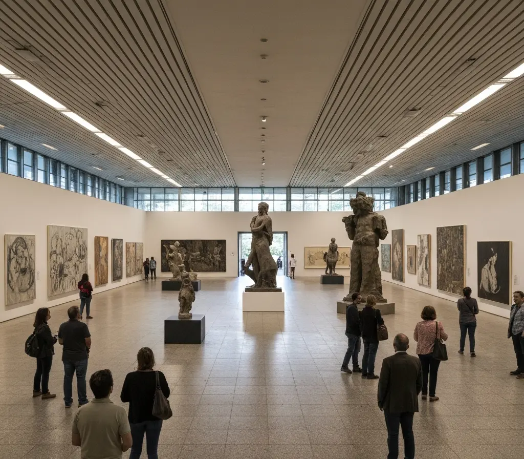 Arte de Brasília ocupa foyer do Teatro Nacional e aproxima público do DF Foyer do Teatro Nacional com obras de arte de Brasília e visitantes de costas observando as peças