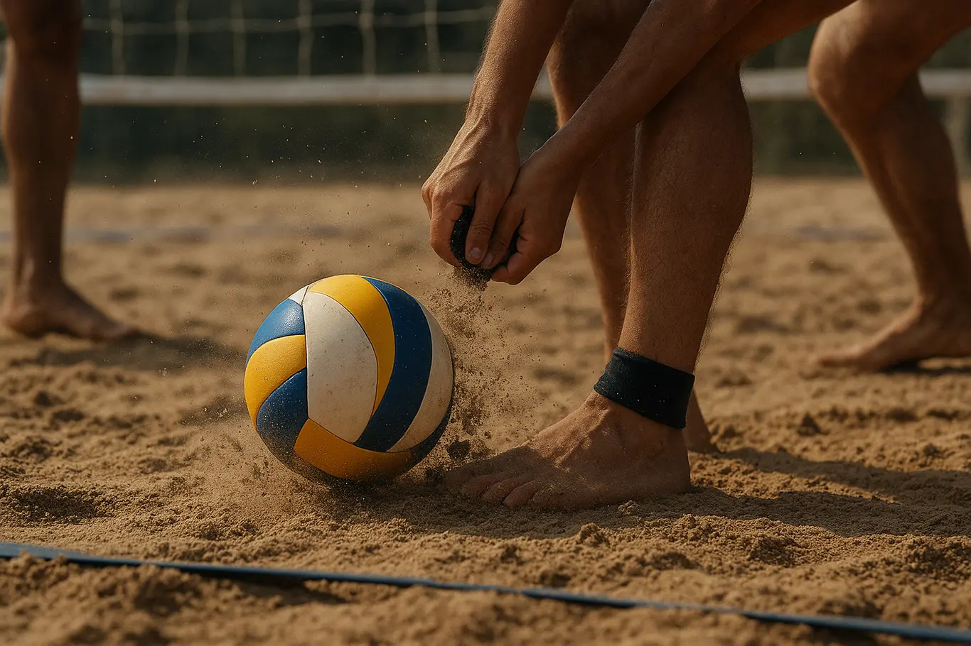 Close-up da bola tocando a areia com partículas suspensas durante jogo no Bali Park