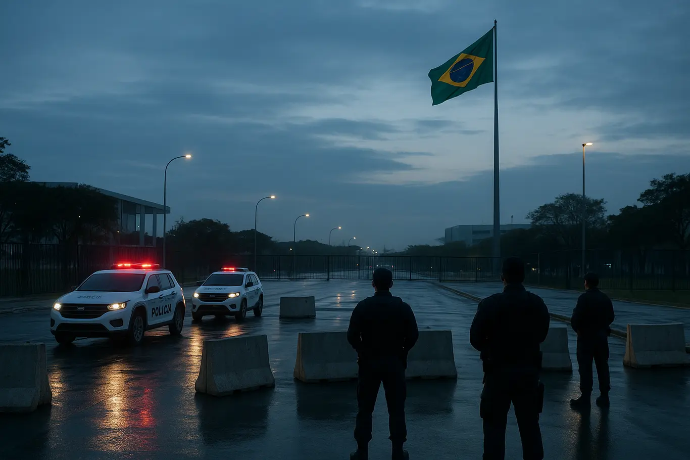 Viaturas e barreiras de segurança na área diplomática de Brasília com bandeira do Brasil ao fundo