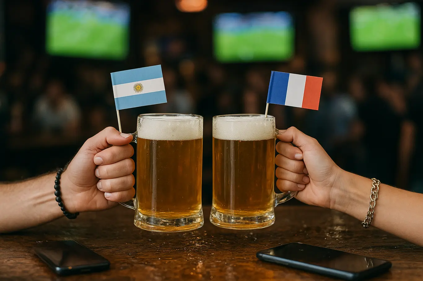 Close-up de mãos com copos e bandeiras da Argentina e França sobre balcão de bar, fundo desfocado
