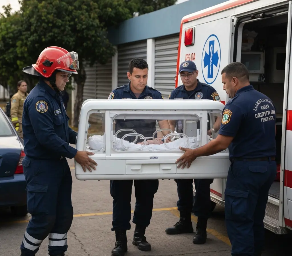 Bombeiros do DF levam bebê a Curitiba para transplante e expõem falta de centros Bombeiros carregando incubadora neonatal para ambulância, rostos não identificáveis