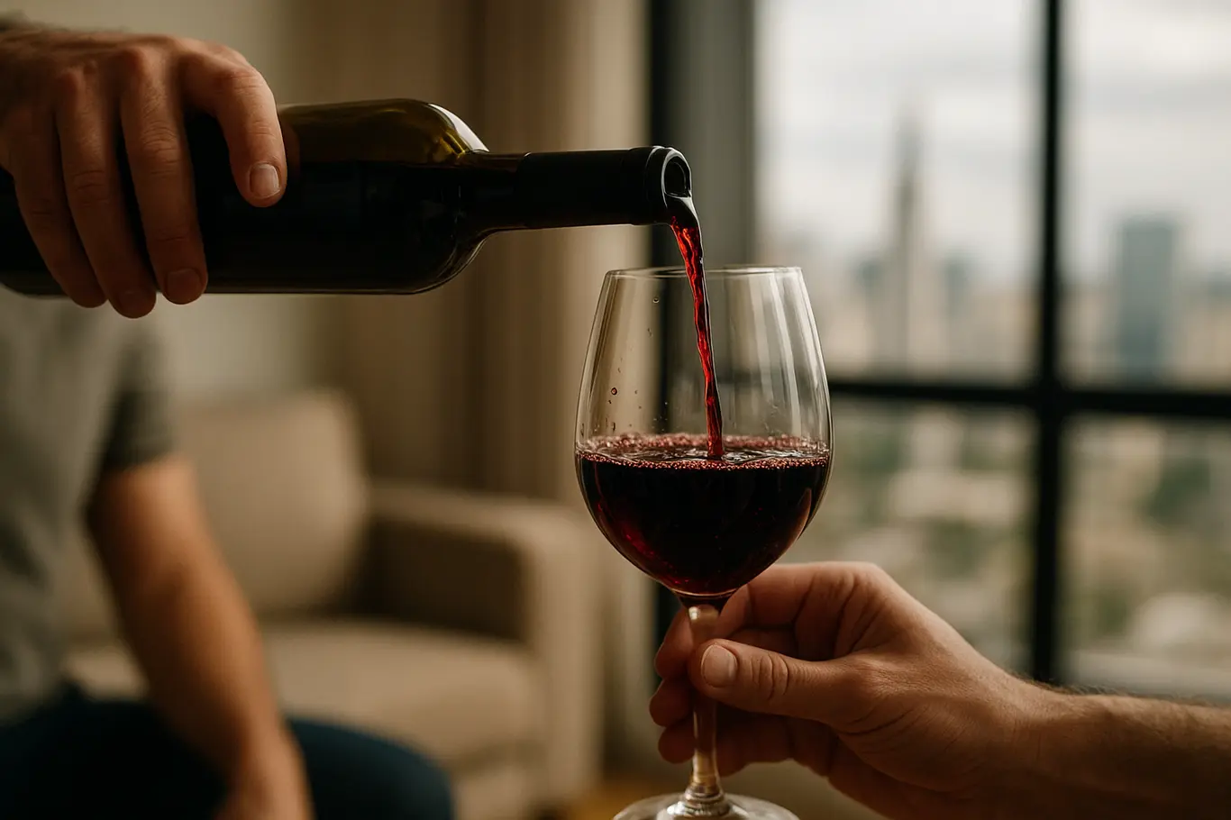 Close-up de vinho sendo servido em taça com interior de apartamento ao fundo