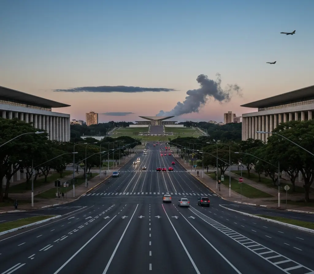 Irã e EUA trocam ataques e pressionam preço de combustíveis em Brasília Panorâmica da Esplanada dos Ministérios em Brasília com coluna de fumaça no horizonte e trânsito em primeiro plano, sem pessoas identificáveis.