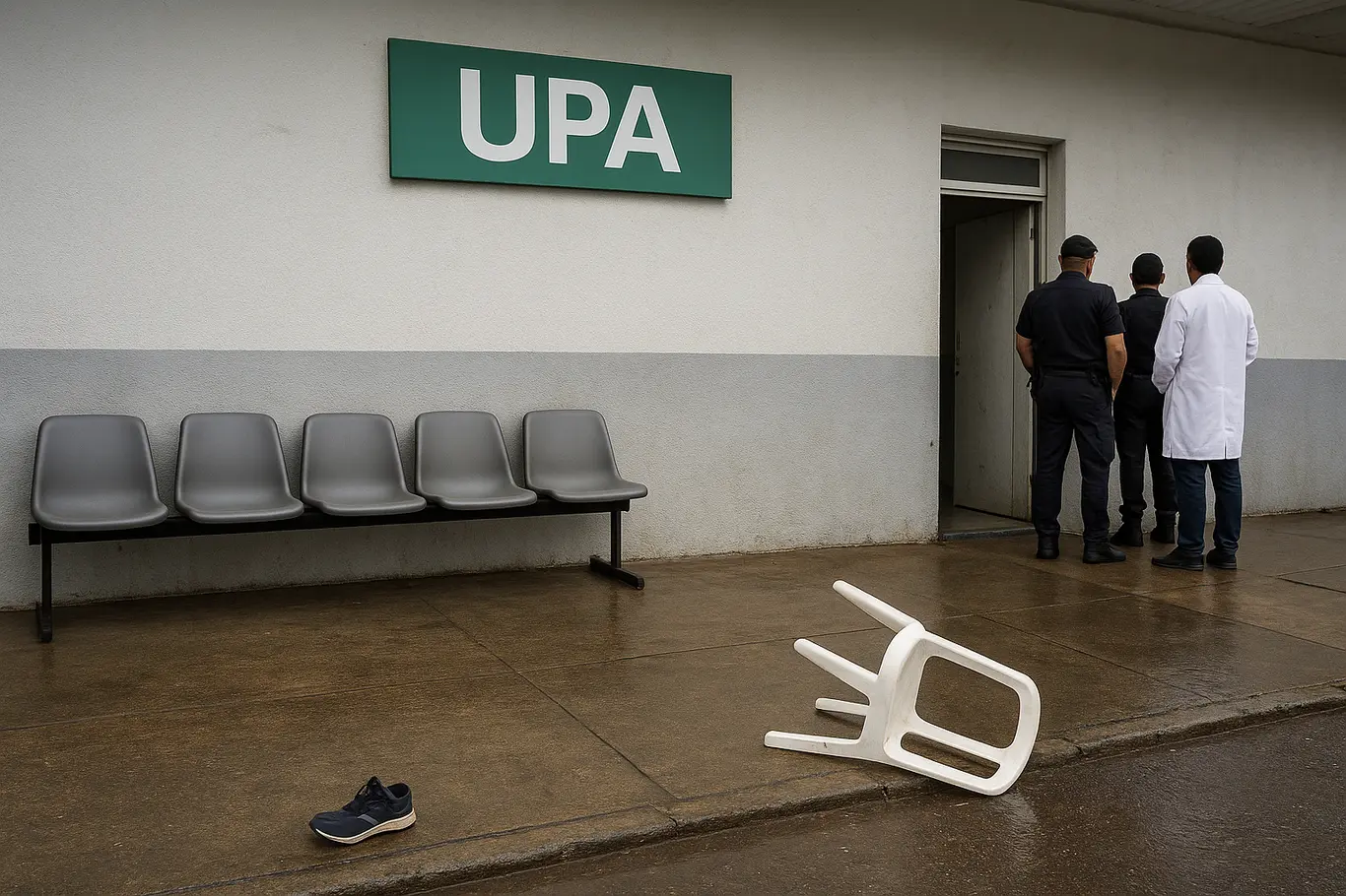 Fachada da UPA com cadeiras vazias e objeto no chão após a briga
