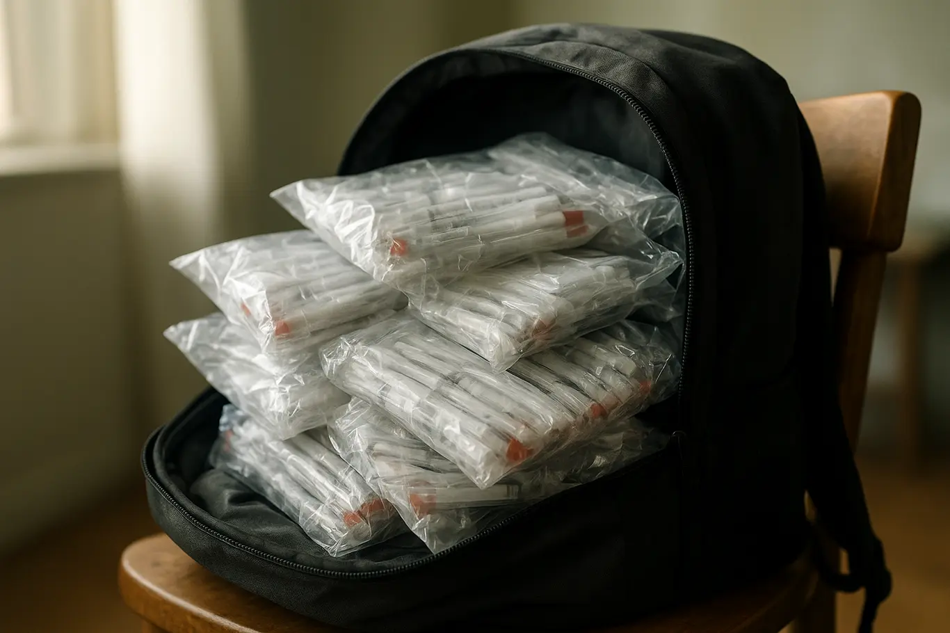 Mochila aberta cheia de pacotes plásticos com canetas emagrecedoras sobre cadeira