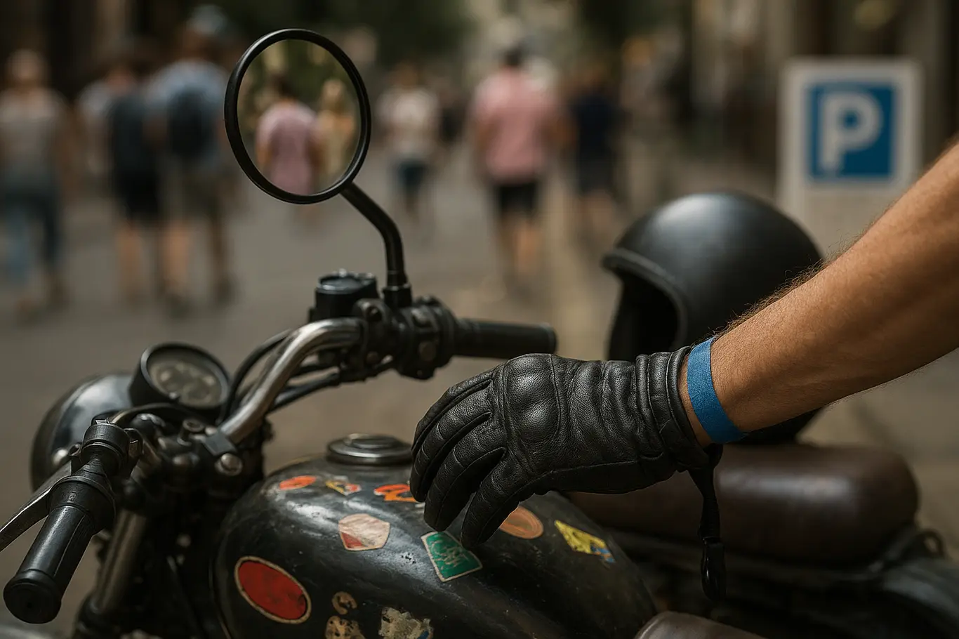Close no guidão de uma moto com mão enluvada e pulseira de evento, espelho mostrando turistas de costas