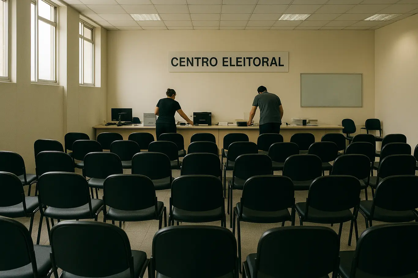 Salão de atendimento interno com cadeiras vazias e funcionários de costas reorganizando o espaço