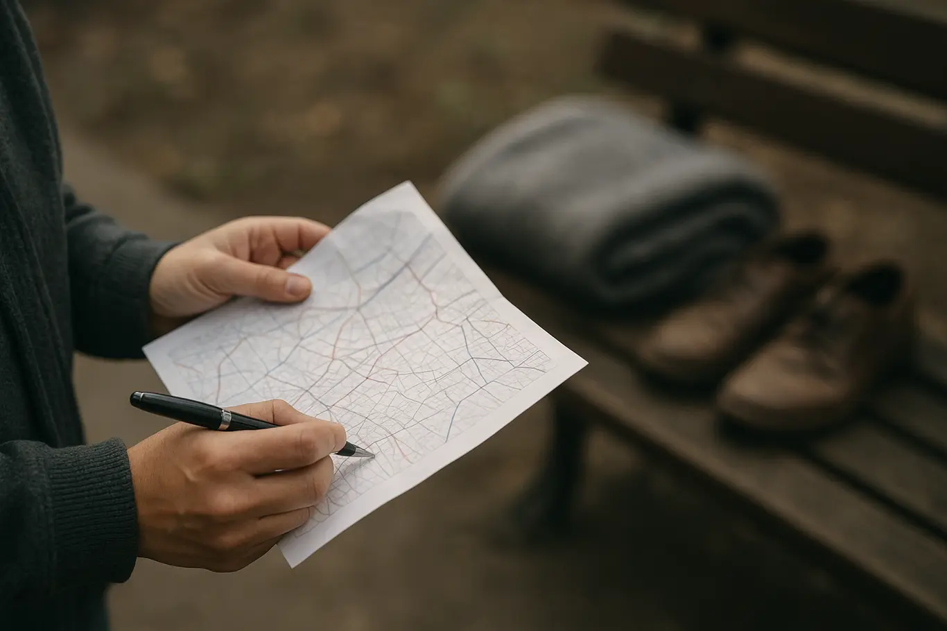 Close-up de mãos segurando mapa de rotas com pertences pessoais desfocados ao fundo