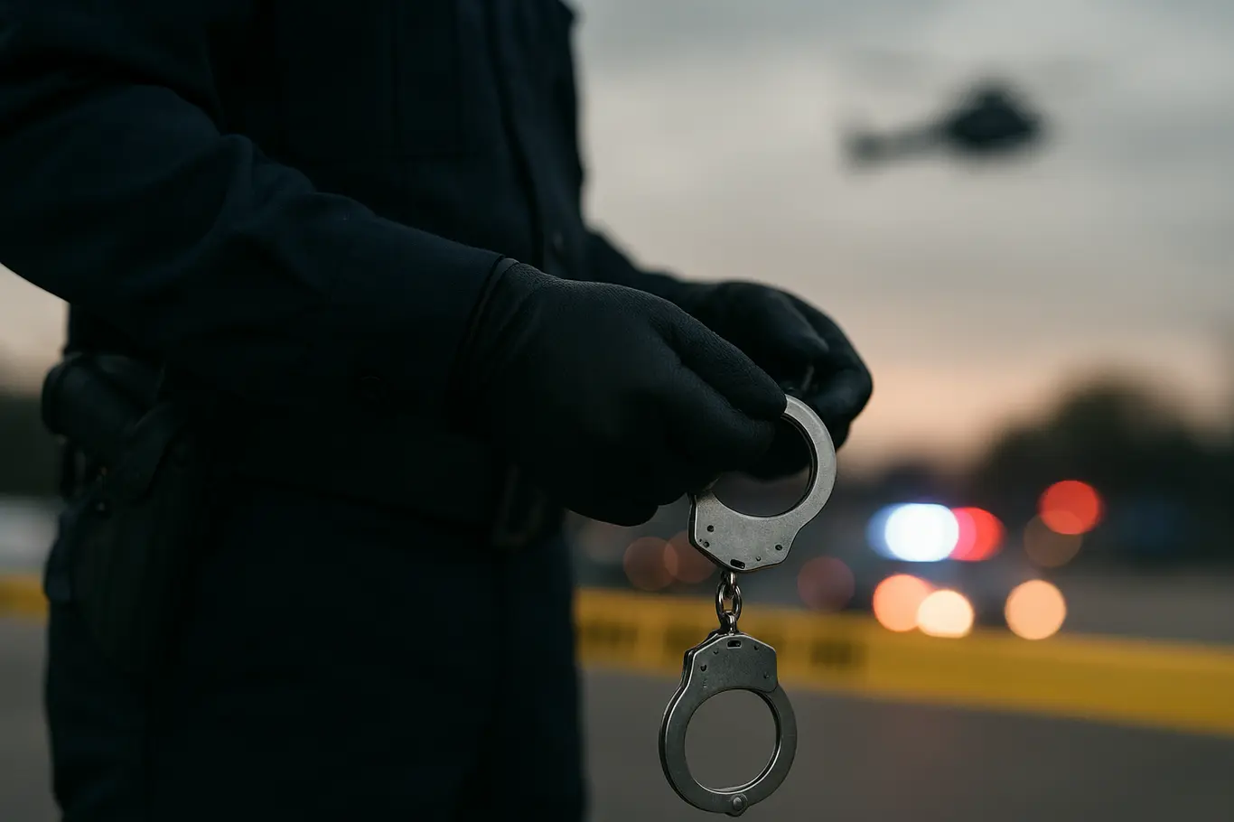 Close-up de algemas na mão de policial com luzes de viaturas desfocadas ao fundo