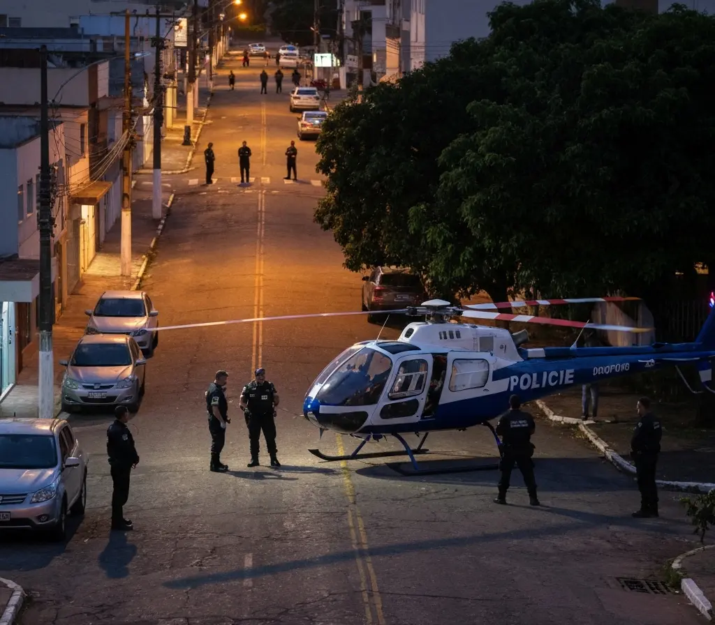 Foragido recapturado em Santa Maria após cerco aéreo; moradores em alerta Viaturas formando cerco policial em rua residencial com helicóptero ao fundo, agentes de costas