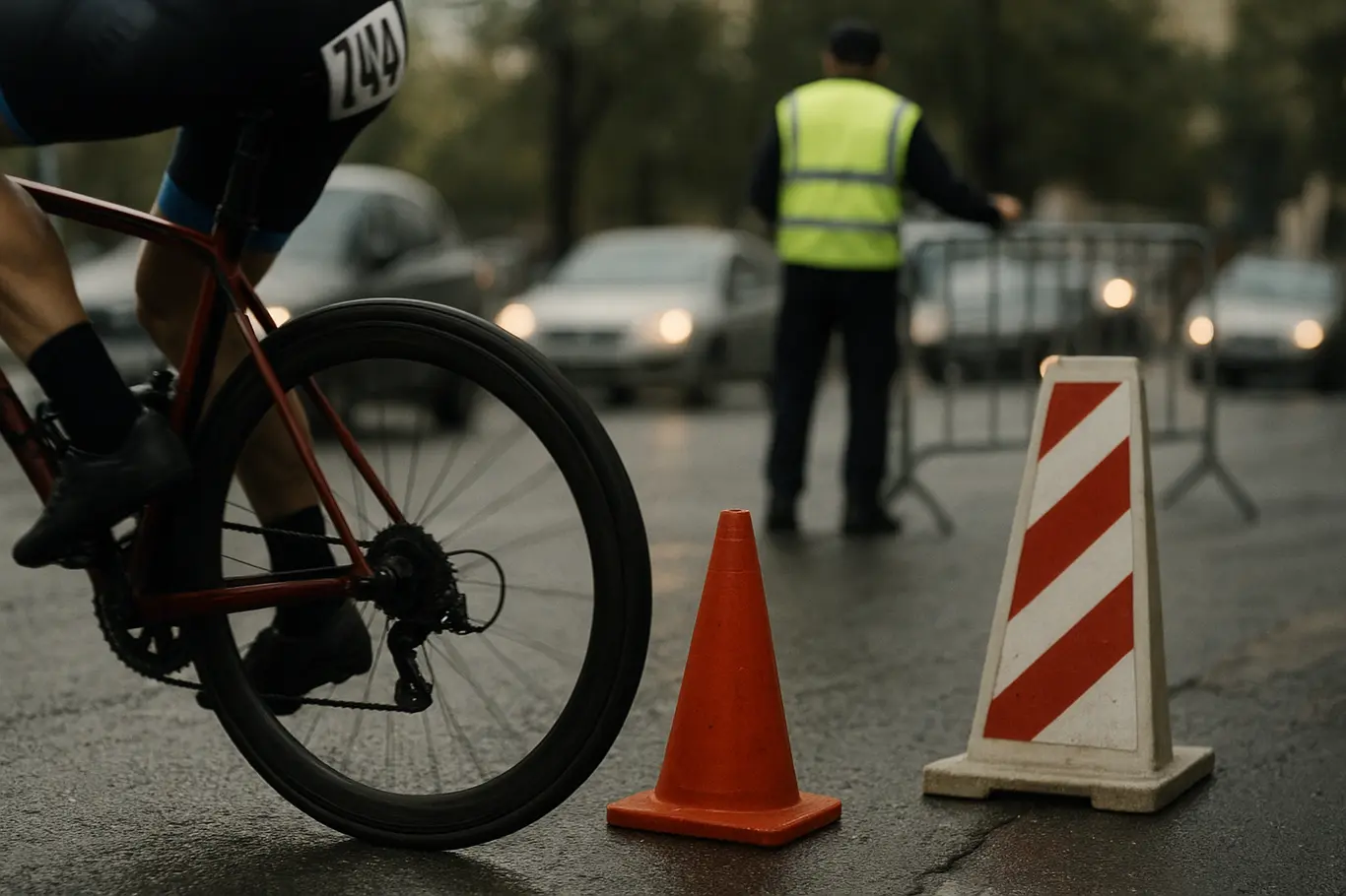 Close-up de roda de bicicleta em movimento, cone e agente de trânsito ao fundo, com carros em fila.