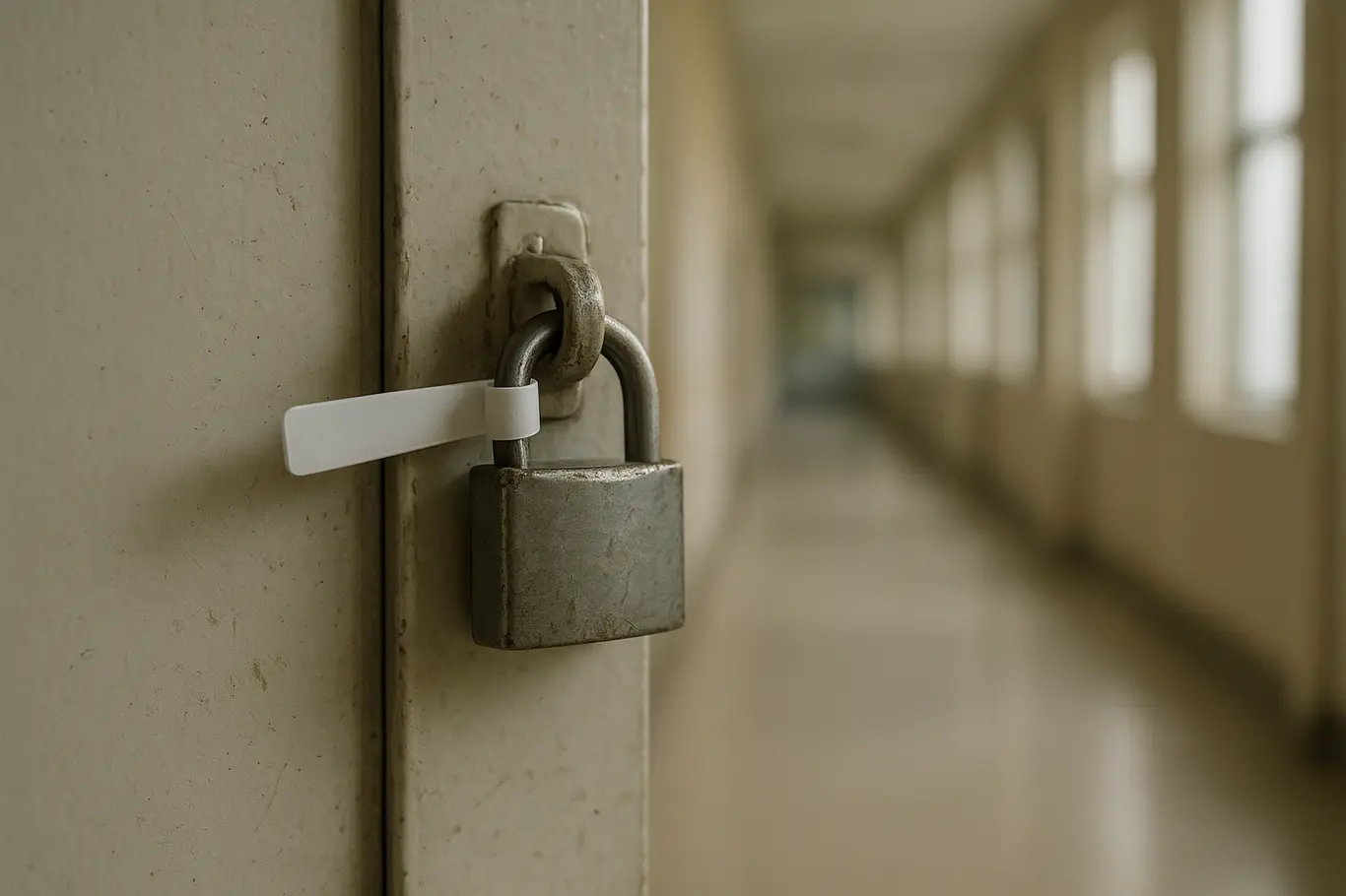 Close do lacre e cadeado na porta da ala psiquiátrica, corredor desfocado ao fundo