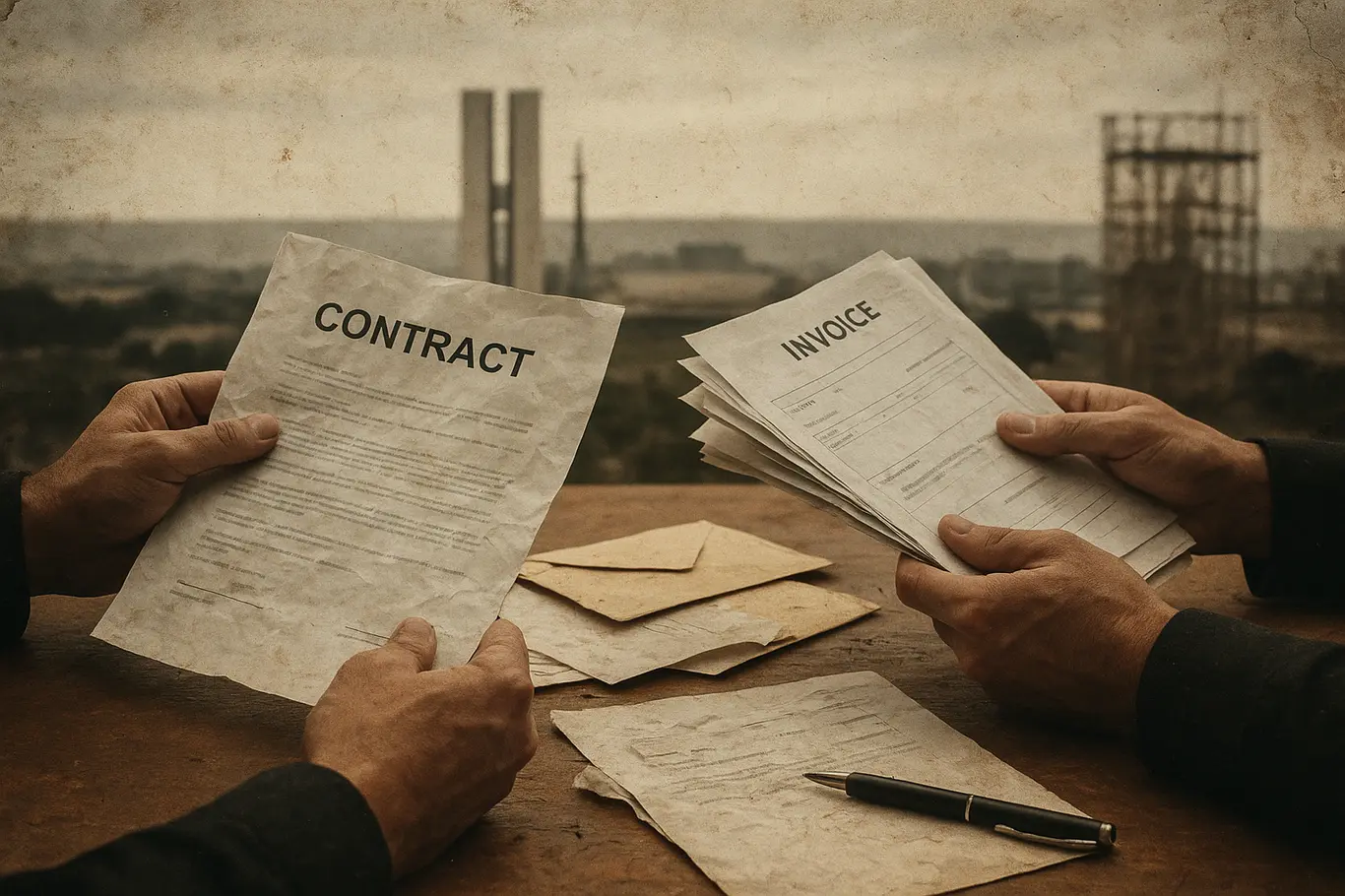 Detalhe de documentos amassados e mãos segurando contratos com o skyline de Brasília desfocado ao fundo