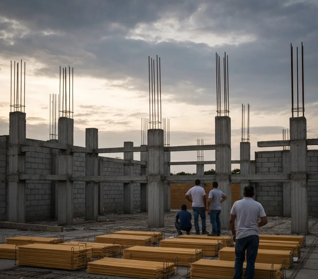 Construtora do DF com 330 processos e R$1,6 milhão em débito ameaça compradores Canteiro de obras inacabado com compradores de costas observando torres semiacabadas