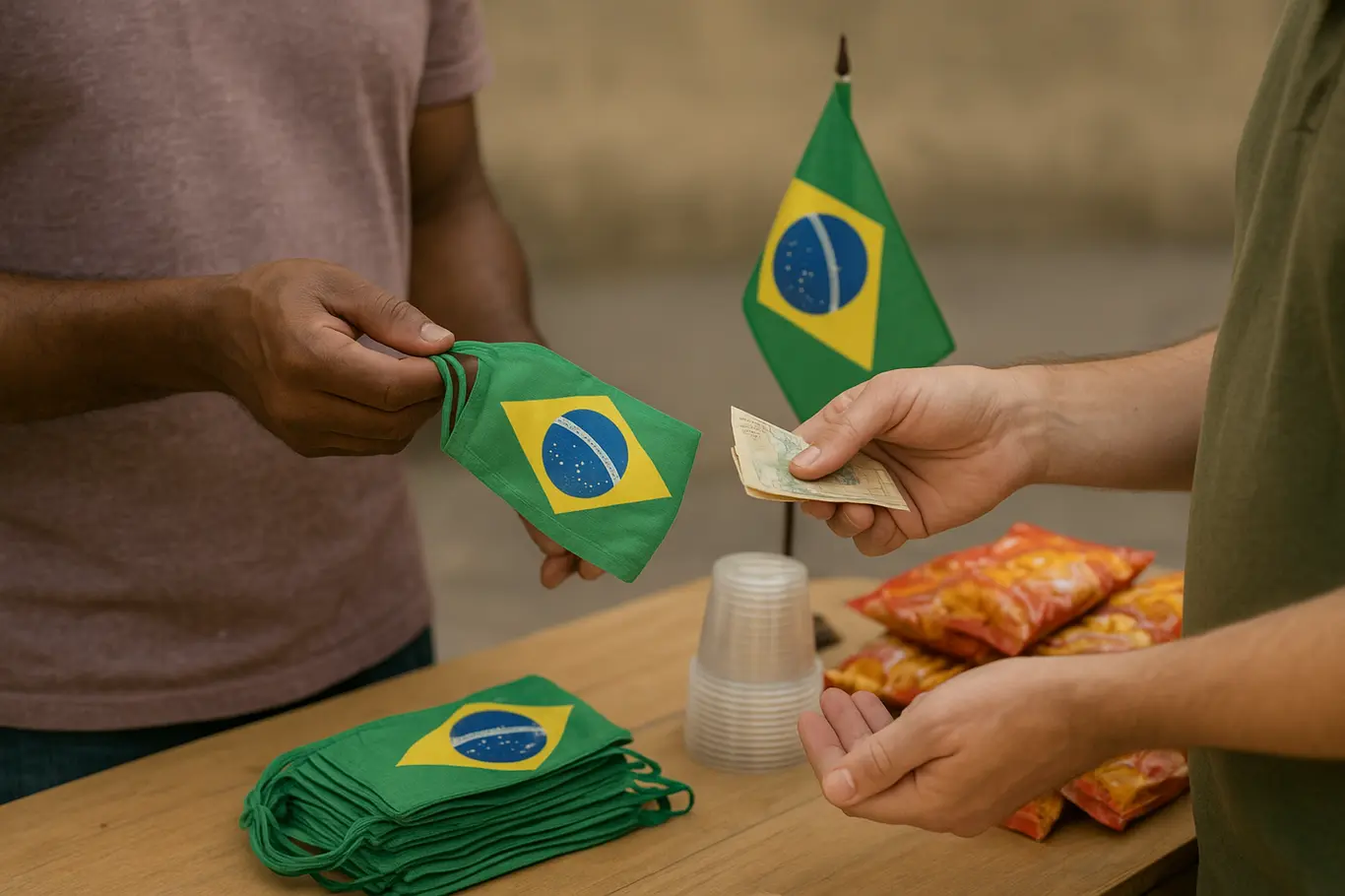 Close-up de mãos trocando dinheiro e produtos em barraca do comércio local com pequena bandeira