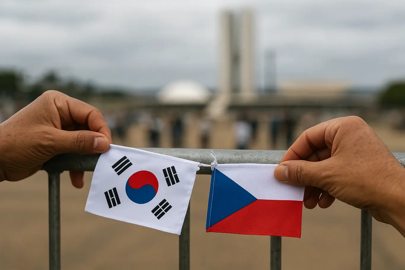 Close-up de mãos prendendo pequenas bandeiras da Coreia do Sul e da República Tcheca em grade, Congresso de Brasília desfocado ao fundo