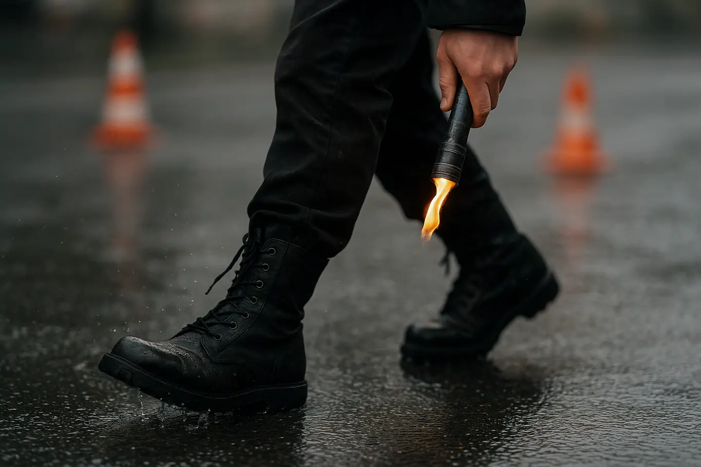 Detalhe de botas de bombeiro e tocha com chama contida sobre asfalto molhado