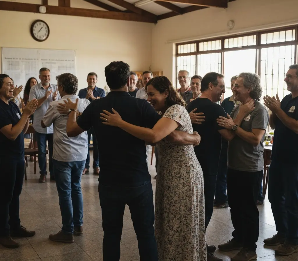 Cultura que Cura encerra primeira edição em Sobradinho e fortalece rede local Participantes em roda abraçando-se durante o encerramento do projeto Cultura que Cura em Sobradinho, rostos de perfil e de costas.