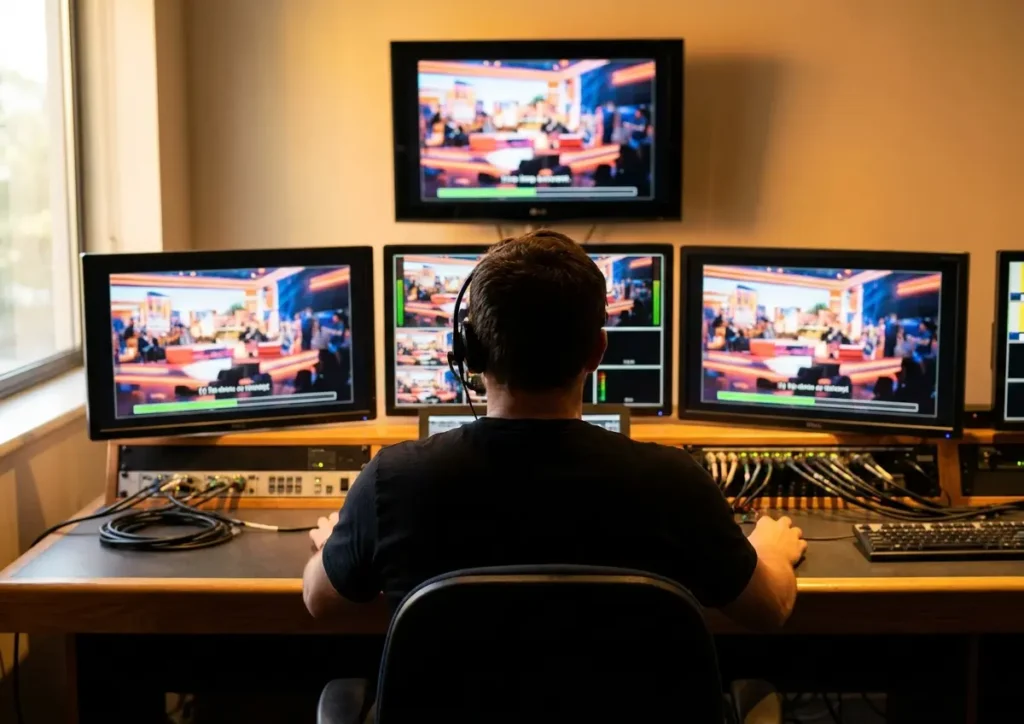 O que é delay em transmissão ao vivo e por que ele ocorre Técnico de transmissão de costas diante de monitores com sinais defasados, estúdio iluminado em tons quentes