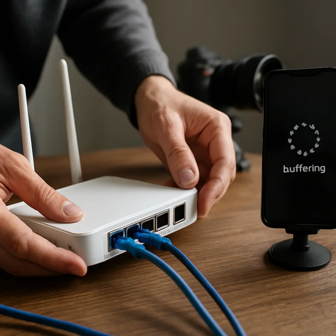 Mãos ajustando roteador e smartphone mostrando buffering, câmera profissional desfocada ao fundo e relógio na cena