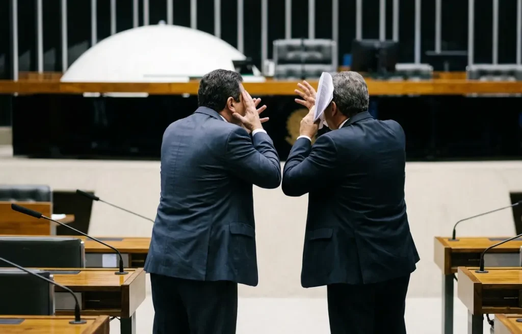 Dois deputados em confronto acalorado no plenário, vistos de três-quartos e de costas, gesticulando intensamente.