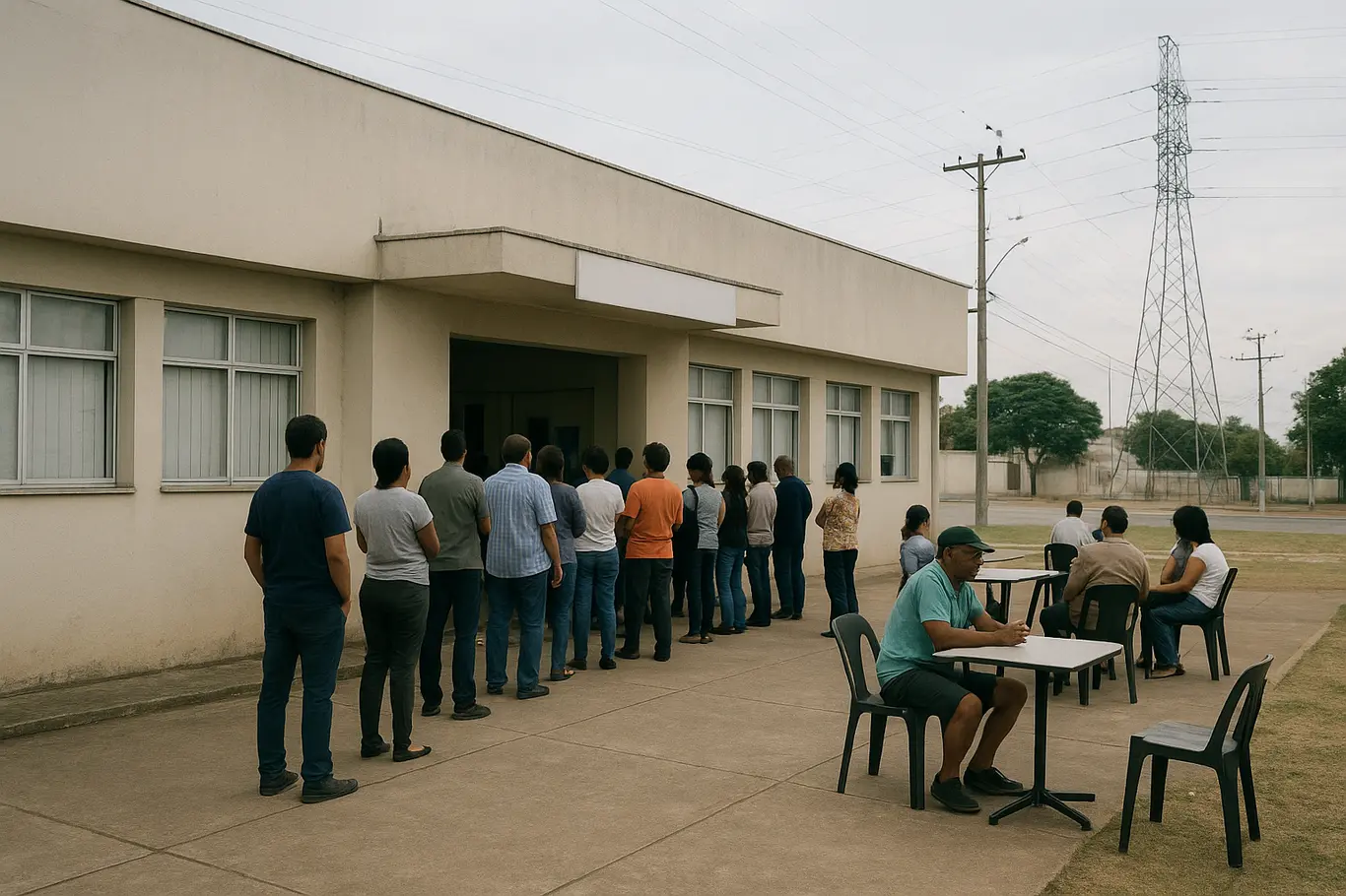 Fila de pessoas de costas em frente a centro de atendimento social com postes elétricos ao fundo