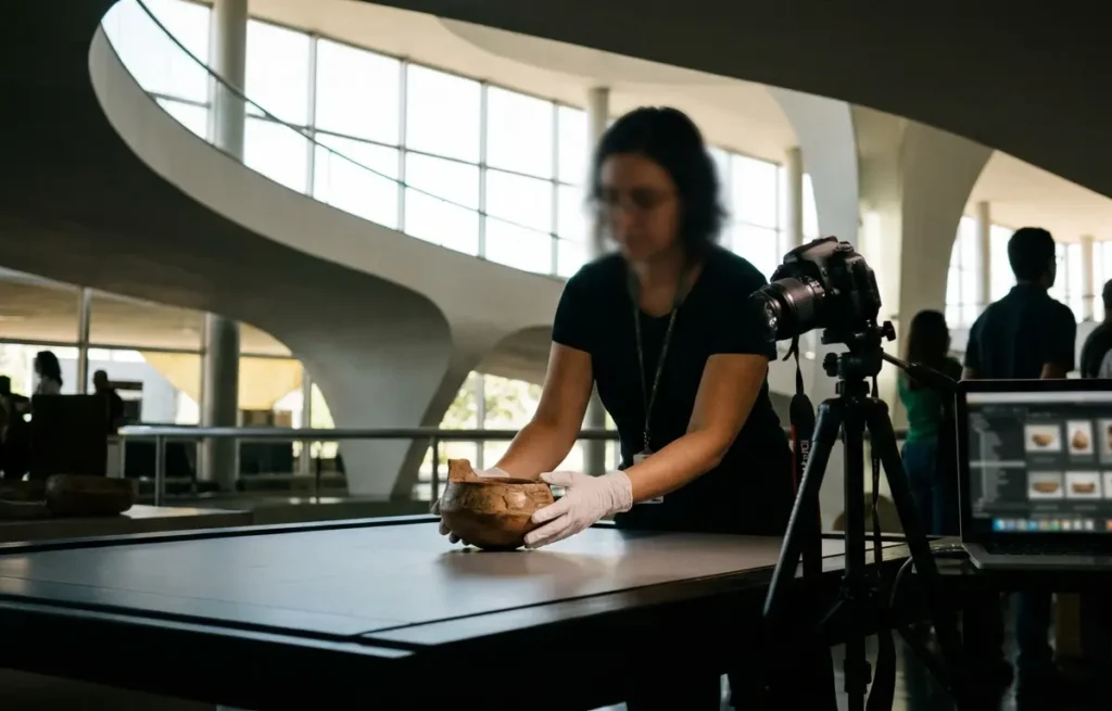 Conservadora com luvas e rosto fora de foco digitaliza peça cerâmica em mesa do Museu Nacional da República