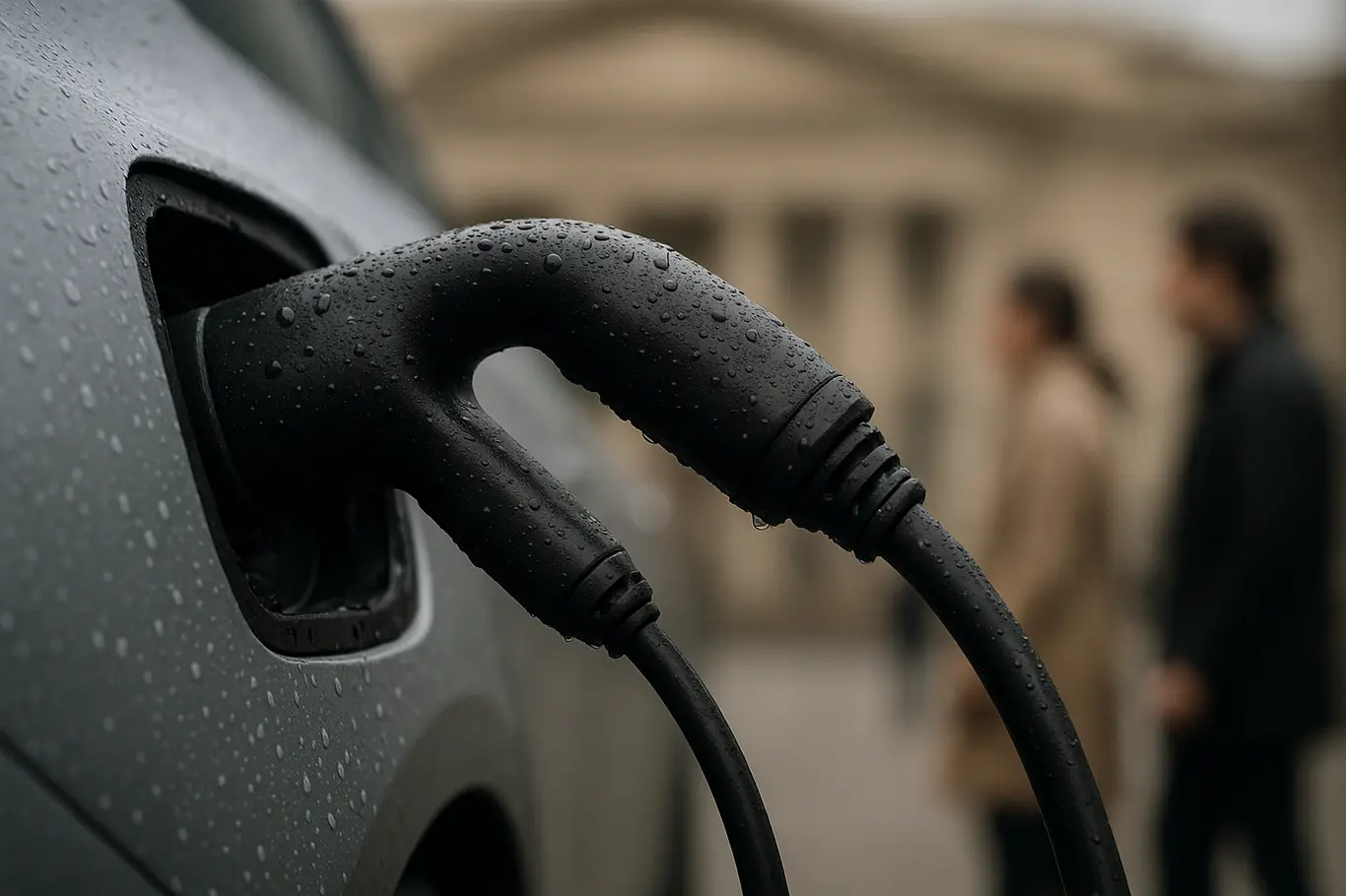 Close-up do plug de recarga de um carro elétrico com prédio público desfocado ao fundo
