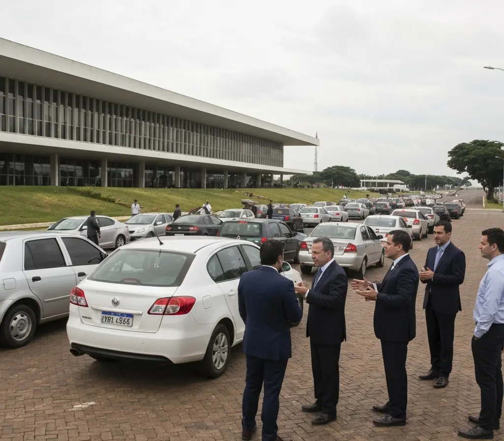 Disputa da BYD por benefício pode elevar preço dos elétricos no DF Veículos elétricos alinhados em frente a edifício público em Brasília com representantes em discussão de costas