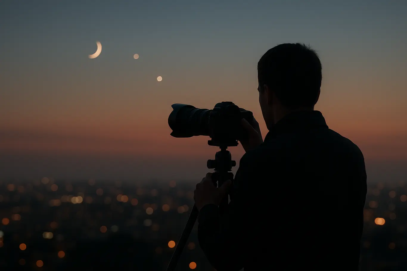 Fotógrafo de costas ajusta tripé enquanto Lua, Vênus e Júpiter aparecem alinhados no céu de Brasília