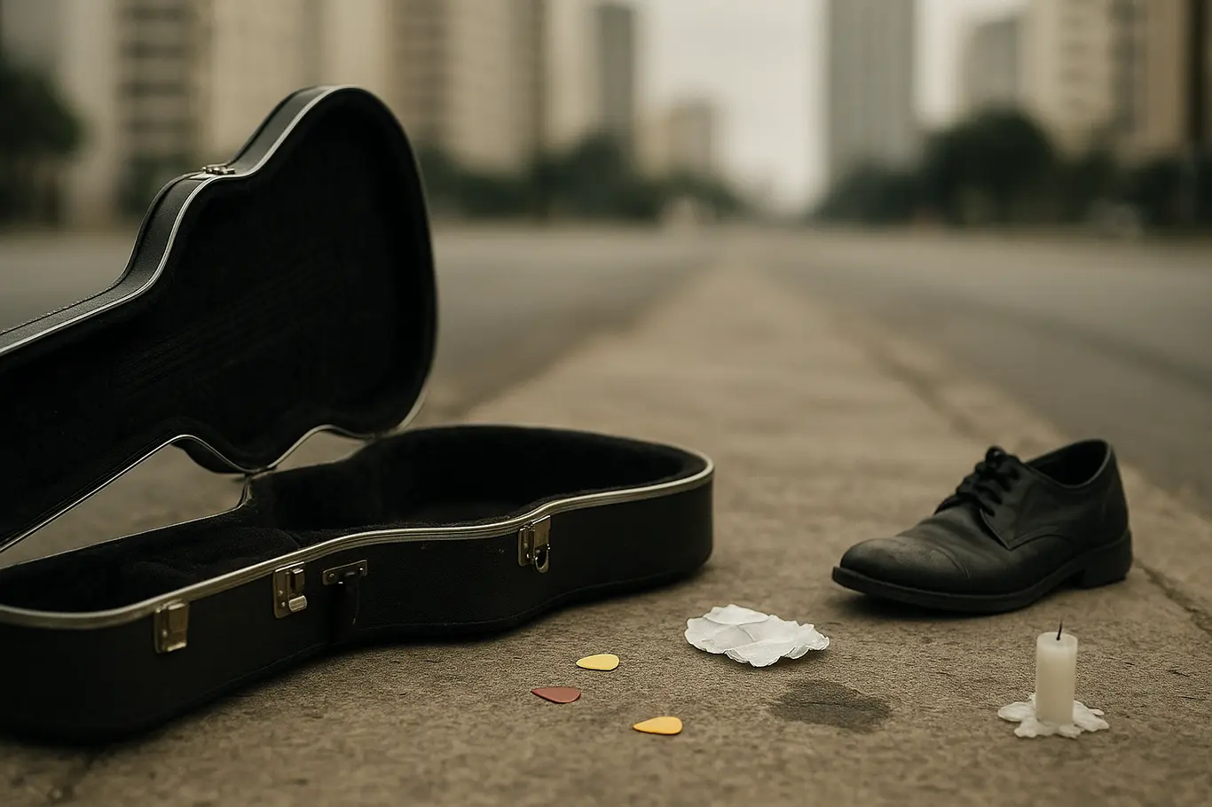 Estojo de guitarra vazio e palhetas sobre a calçada, detalhe de cena no DF