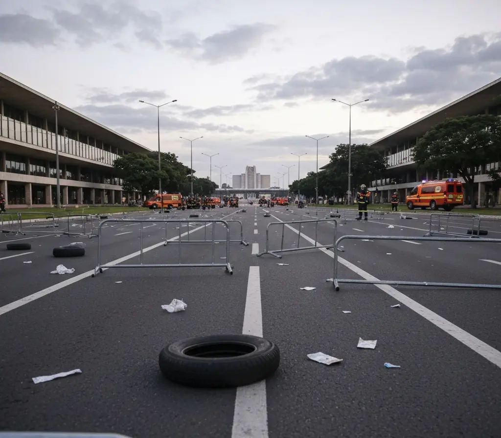 Vídeo mostra rastro de destruição na Esplanada e preocupa Brasília Esplanada com barreiras amassadas, marcas de pneus e Congresso ao fundo