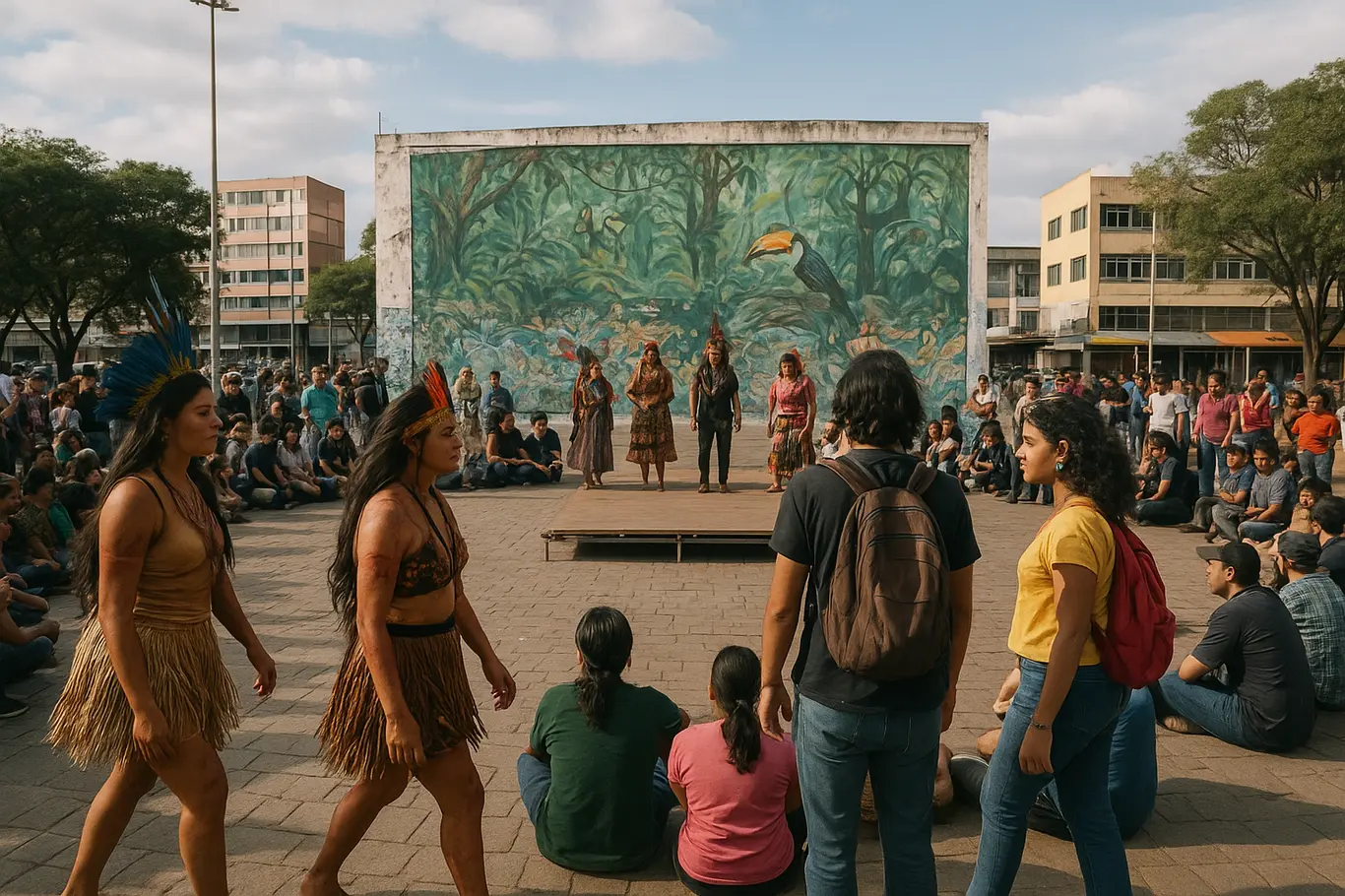 Praça de Ceilândia com público em círculo ao redor do palco improvisado e grafite da floresta ao fundo.