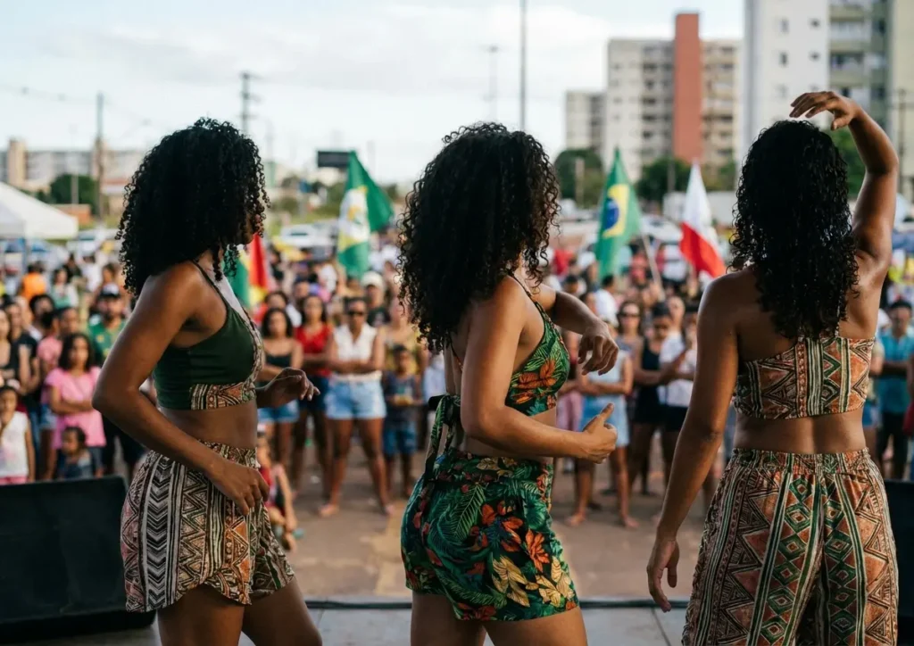 Três artistas no palco de Ceilândia em trajes amazônicos, perfil e de costas, público desfocado ao fundo.