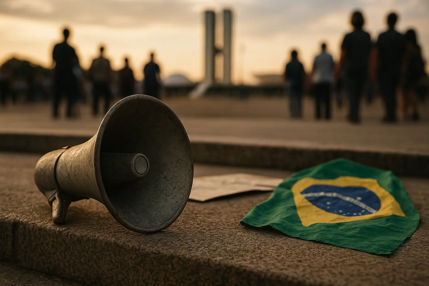 Megafone no chão dos degraus da Esplanada com Congresso desfocado ao fundo