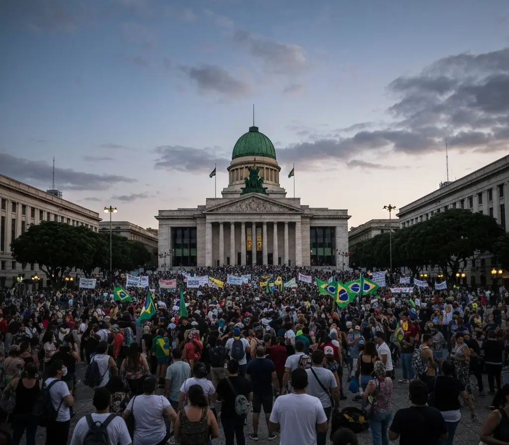 Negada extradição de Carla Zambelli, Brasília vive risco de mais protestos Multidão de costas na Esplanada com Congresso ao fundo, luz de fim de tarde