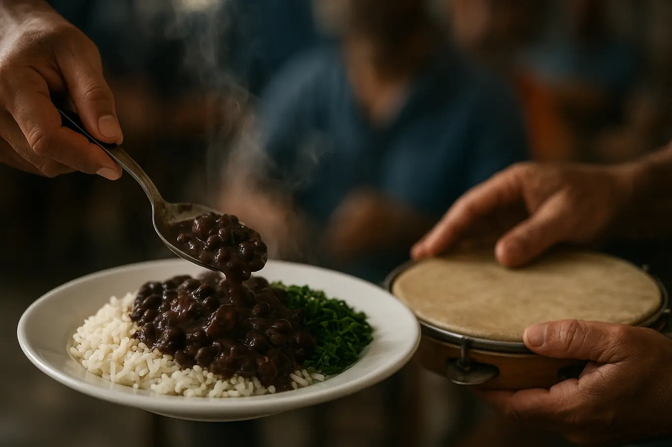 Detalhe das mãos servindo feijoada em prato com pandeiro ao lado, vapor e texturas em foco.