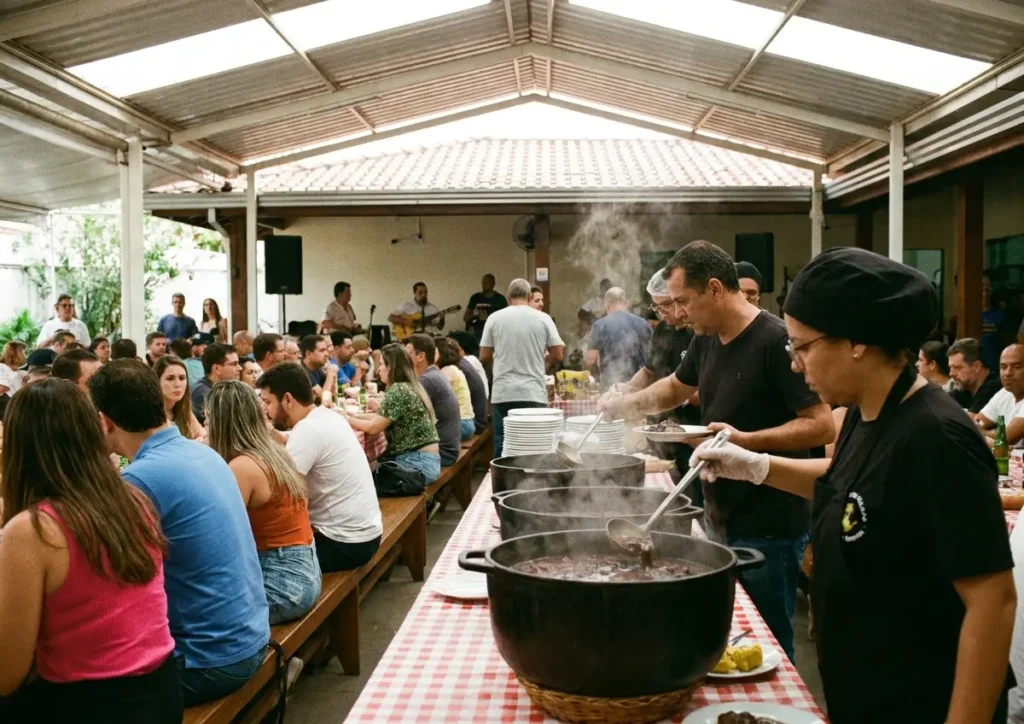 Pátio do Clube do Choro com mesas, pessoas de costas servindo e músicos de perfil ao fundo durante feijoada com samba.