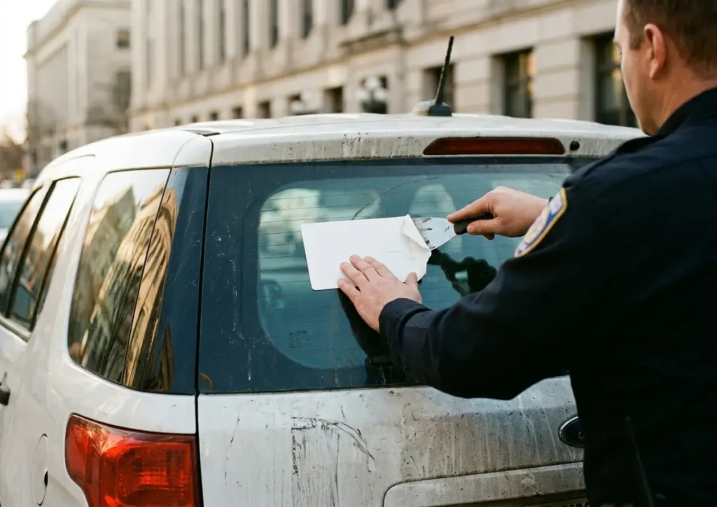 Agente de costas inspecionando adesivo no vidro traseiro de um carro