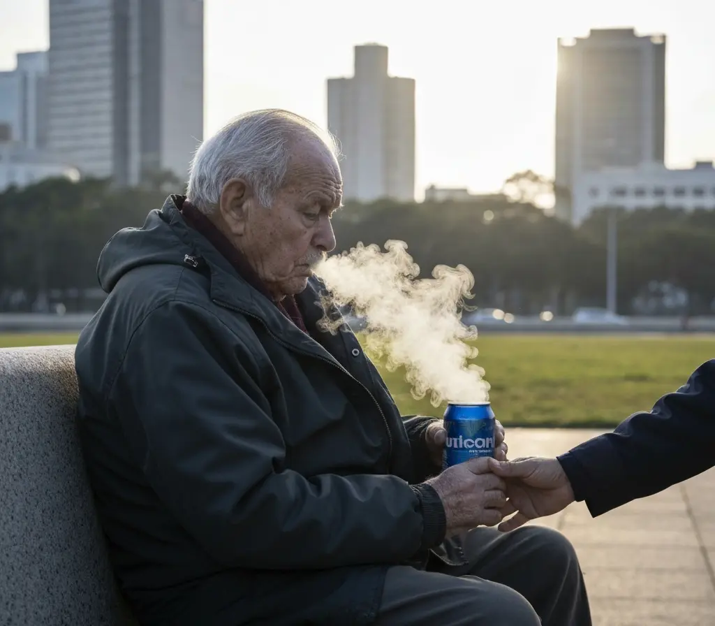Frio de 9,4°C no DF aumenta risco a idosos e crianças e exige atenção Idoso agasalhado em banco de praça com caneca quente, visto de três quartos, rosto não identificável
