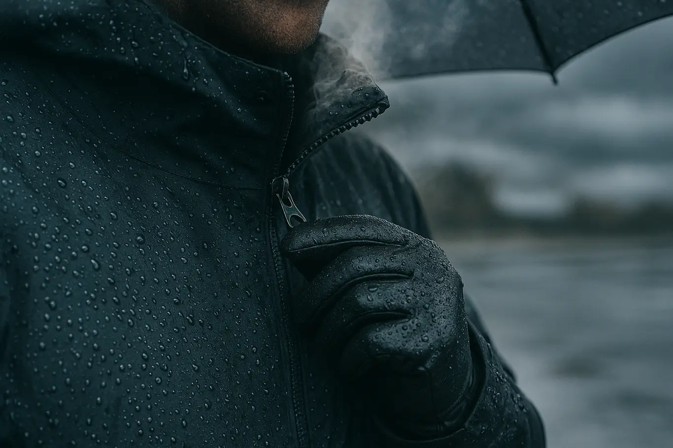 Detalhe de mão enluvada fechando zíper de casaco com gotas de chuva, com nuvens refletidas em poça