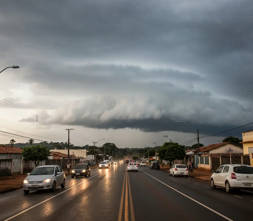 Frio no centro-sul e temporais no sul; Brasília terá amplitude térmica Estrada úmida ao amanhecer com geada leve e nuvens de tempestade avançando, pedestres de costas com casacos