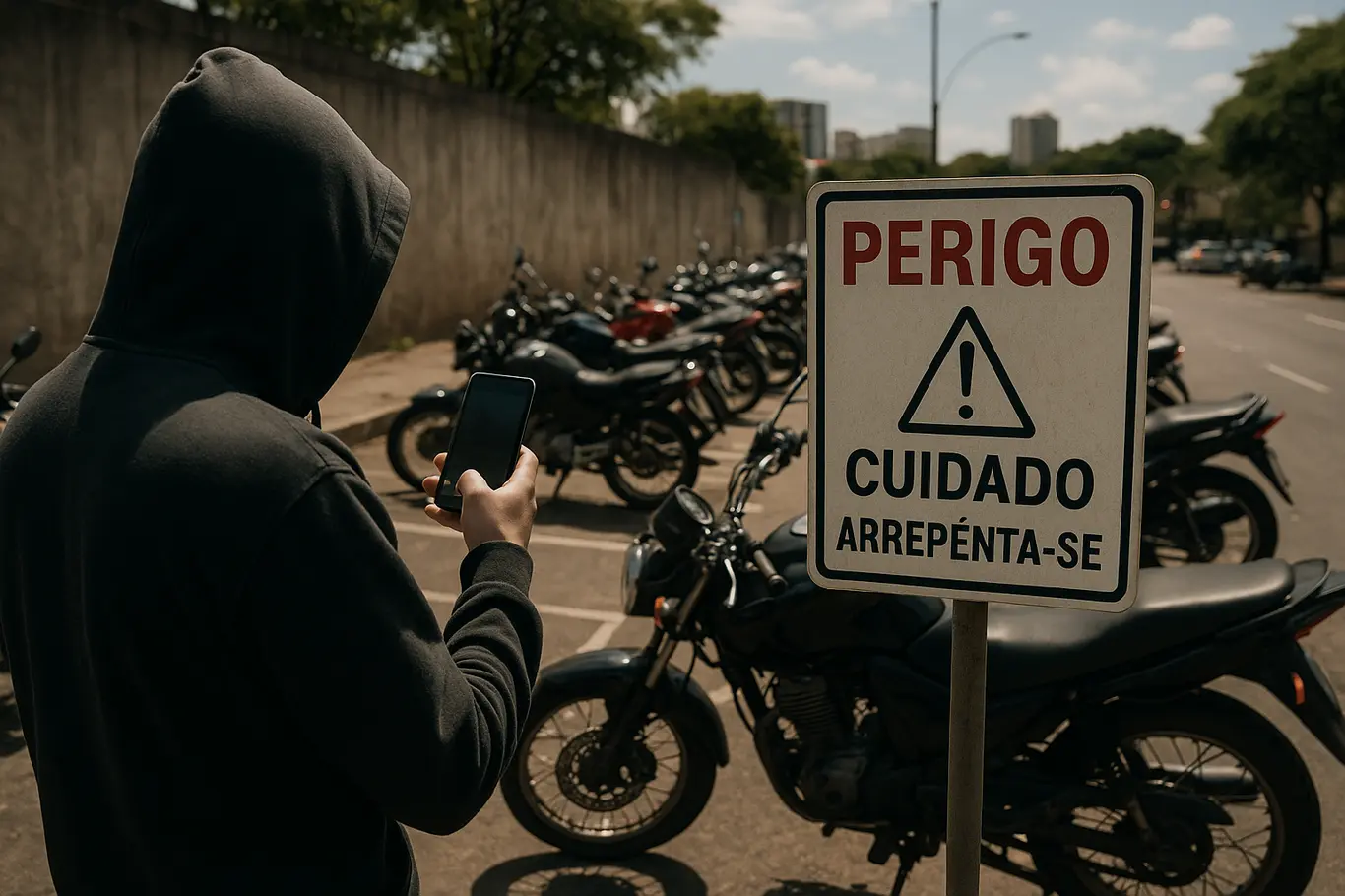 Estacionamento urbano com motocicletas; pessoa de capuz fotografa uma moto sem mostrar o rosto
